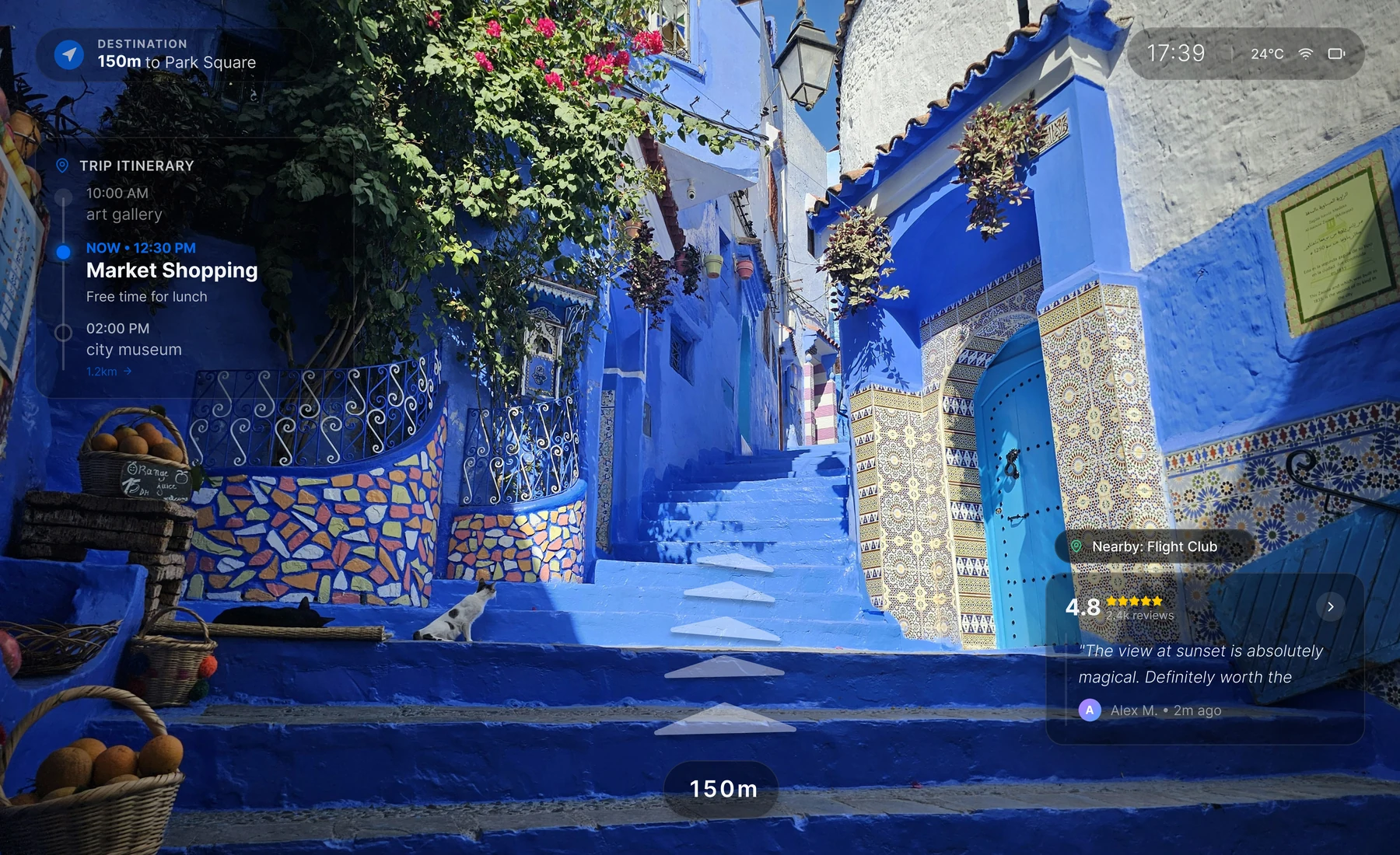 AR 眼镜端导航界面：中央保留街景，左侧显示行程，目的地方向与距离位于视野边缘。